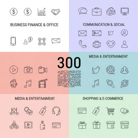 A grid of small, hand-drawn line art icons representing various business, office, and communication concepts. Includes mail, phone, and stationery items.の素材