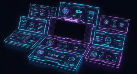 A collection of glowing holographic screens displaying data and interfaces with a cyberpunk aesthetic, illuminated by neon blue and pink light.の素材