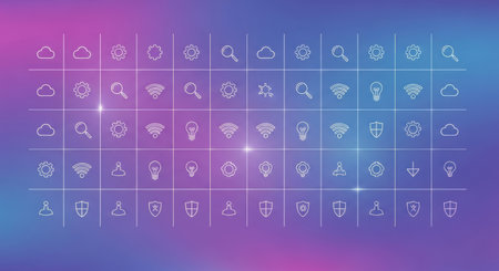 A grid of small, white outline icons displayed against a vibrant purple and blue gradient background with a subtle glow.の素材