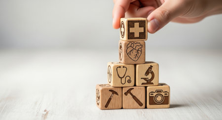 A hand stacks wooden blocks engraved with various professional icons, symbolizing career growth and development in different fields.の素材