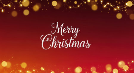 A festive red background with the words Merry Christmas in elegant script, framed by soft, glowing bokeh lights.の素材