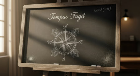 A detailed nautical compass rose is chalked onto a vintage blackboard, illuminated by soft light, suggesting exploration and adventure.の素材