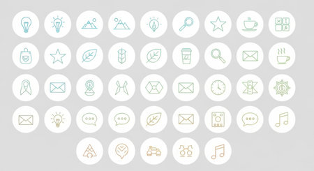 A grid of oval shapes containing various minimalist hand-drawn line art icons, presented on a neutral gray background.の素材