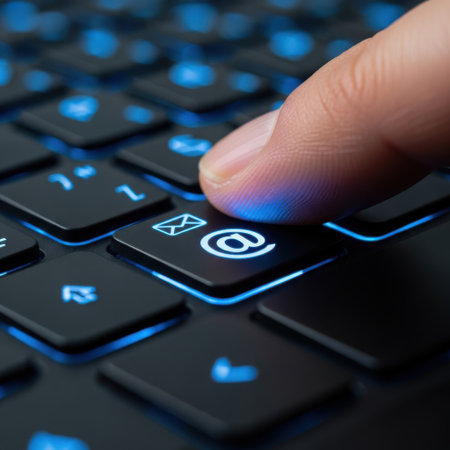 A close-up shot shows a finger pressing the '@' symbol key on a backlit keyboard, highlighting digital communication.の素材