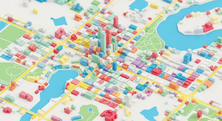 A vibrant, abstract aerial view of a city with colorful buildings, winding blue rivers, and green park areas.の素材