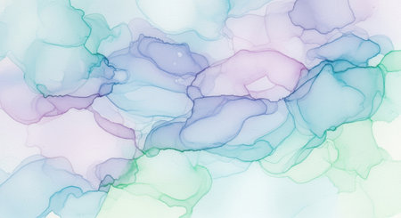 Abstract background featuring delicate, flowing swirls of pastel watercolor in shades of purple, blue, and green.の素材