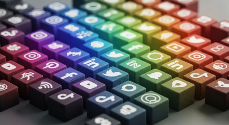 A vibrant display of social media logos on a keyboard-like arrangement, showing a spectrum of colors and popular platforms.の素材