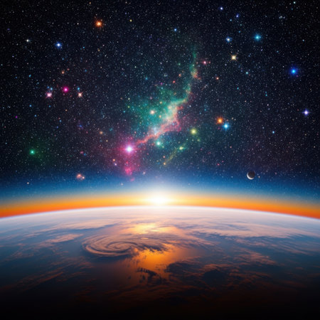 A breathtaking view of Earth's atmosphere glowing with sunrise colors, set against a vast expanse of stars and a vibrant nebula.の素材