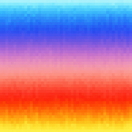 A vertical pixelated gradient transitions smoothly from bright yellow at the bottom through red, pink, purple, and finally to blue at the top.の素材