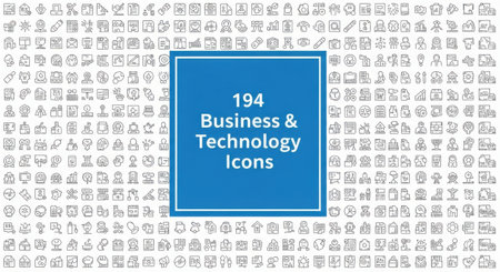 A blue rectangle displays '194 Business & Technology Icons' against a backdrop of numerous small, abstract symbols and characters.の素材