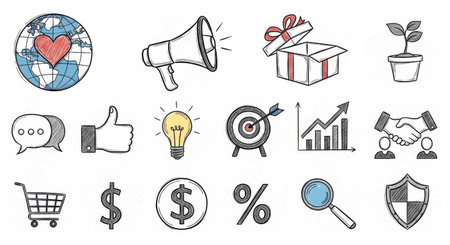 A collection of hand-drawn doodle icons illustrating business concepts like marketing, finance, growth, and success in a simple, stylized manner.の素材
