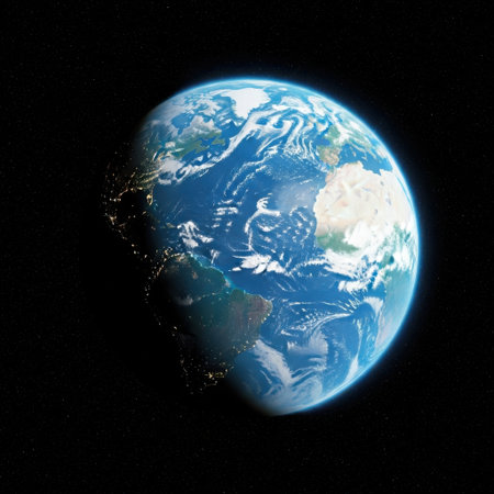 A detailed view of planet Earth from outer space, highlighting continents, oceans, and cloud formations against a dark background.の素材