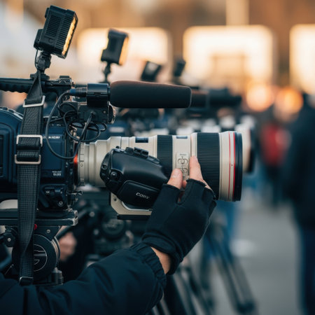 A close-up shot of a person's hands adjusting a professional video camera with a large lens, likely at an outdoor gathering or news event.の素材