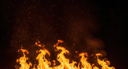 Vibrant orange and yellow flames erupt upwards against a deep black backdrop, with numerous small sparks scattered throughout the upper portion of the image.の素材