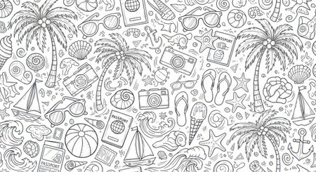 A black and white line drawing pattern features palm trees, flip-flops, sunglasses, and other beach vacation essentials in a playful, repeating design.の素材