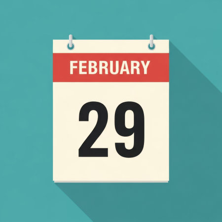 A flat design illustration of a tear-off calendar page showing February 29th, casting a long shadow.の素材