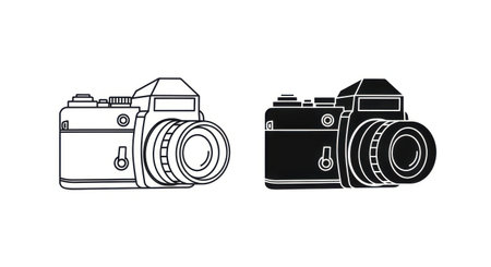 A side by side comparison of two identical vintage film cameras, one rendered as a line drawing and the other as a solid silhouette.の素材