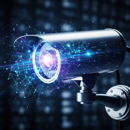 A modern security camera is illuminated by a glowing digital network, suggesting advanced surveillance and data connectivity.の素材