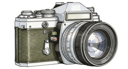 A detailed, hand-drawn illustration of a classic 35mm SLR film camera, featuring a prominent lens and textured body.の素材
