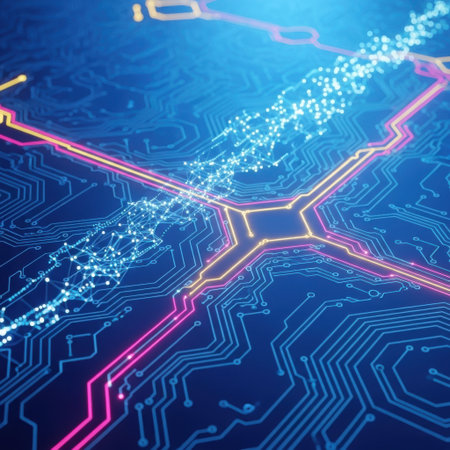A close-up view of a futuristic circuit board with glowing red and blue energy lines and digital data flowing.の素材