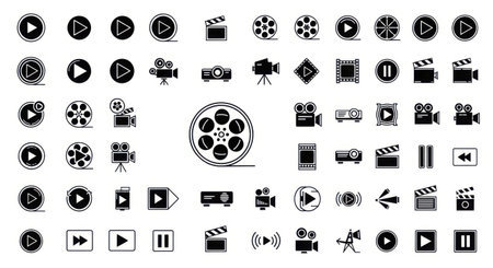 A grid of various black and white icons representing video playback controls, film reels, cameras, and movie clapperboards.の素材