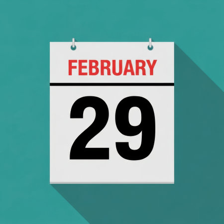 A flat design illustration of a tear-off calendar page displaying February 29th, representing a leap day, against a teal background.の素材