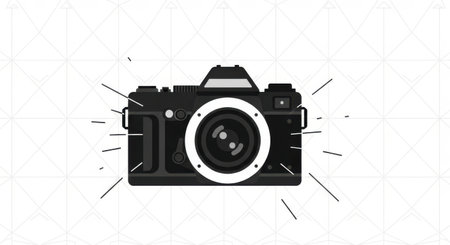 A stylized, black retro camera is depicted with radiating light rays emanating from its lens. The background is white and textured.の素材