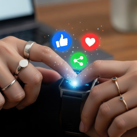 Fingers with rings touch a projected display showing social media icons like like, heart, and share. Technology and connection concept.の素材