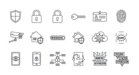 A set of simple, hand-drawn line art icons representing security, access, and technology concepts. The icons are arranged in a grid.の素材