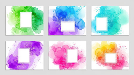 A collection of six vibrant watercolor frames, each featuring a unique blend of colors. The frames are arranged in a 2x3 grid, showing a variety of hues including green, blue, turquoise, purple, pink, and yellow. Each frame has a blank space in the center, suitable for adding text or images.の素材