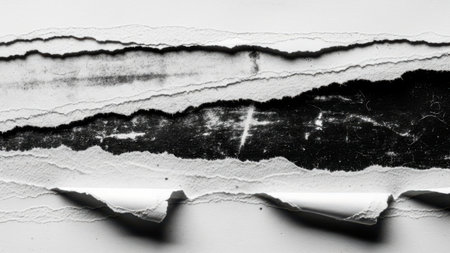 A detailed, high-angle shot focuses on the ragged edges of torn paper. The paper is white and appears to be layered, with the top layer ripped away to expose a dark, textured surface underneath. The contrast between the bright white paper and the deep black of the underlying material creates a dramatic visual effect. The torn edges are irregular and create a sense of depth and mystery, hinting at what lies hidden beneath the surface. The lighting emphasizes the texture and the shadows cast by the torn paper.の素材