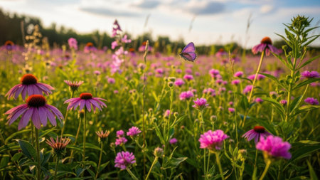 A close-up, low-angle view of a meadow filled with blooming purple coneflowers (Echinacea) and other wildflowers. The soft, diffused light of late afternoon or early morning illuminates the delicate petals and green foliage. The background features a blurred expansion of more flowers and greenery, with a hint of trees on the horizon and a cloudy sky above. The overall impression is one of natural beauty, tranquility, and the abundance of summer flora.の素材
