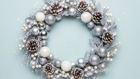 A detailed, close-up shot of a festive Christmas wreath, artfully arranged with a variety of decorative elements. The wreath features frosted pinecones, shimmering silver baubles of different sizes, and delicate white ornaments, all intertwined with silvery-green foliage. The overall aesthetic is one of sophisticated winter elegance, presented against a soft, muted blue background. This image is perfect for holiday-themed designs, greeting cards, or any project requiring a touch of seasonal cheer and refined decoration.の素材