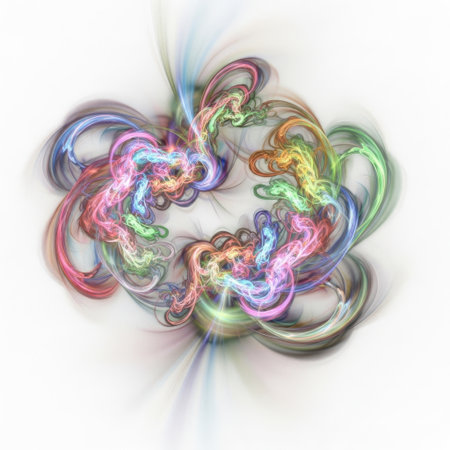 A highly detailed abstract fractal artwork featuring a complex arrangement of swirling, ribbon-like forms in a vibrant spectrum of rainbow colors. The image is characterized by its intricate patterns, fluid motion, and ethereal light effects that emanate from the core, creating a sense of depth and energy. The background is a clean white, emphasizing the luminous and dynamic nature of the fractal creation.の素材