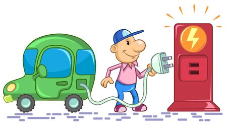 Illustration of a cartoon man charging of an electric car.のイラスト素材