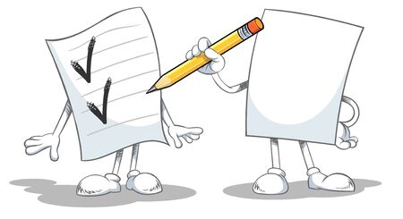 Cartoon blank paper character wrote check by pencil. Cartoon vector illustration isolated on white background.のイラスト素材