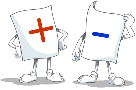 Vector illustration of a cartoon blank paper characters with Plus and Minus symbols.のイラスト素材