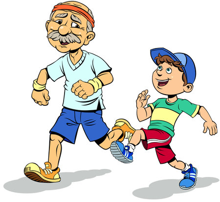Happy elderly man with cute child running. Color vector illustration of Cheerful grandfather and cute grandson running in sportswear.のイラスト素材