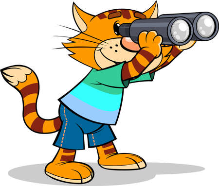 Red cat with binoculars. Color vector illustration of a cartoon red striped cat looking through binoculars.のイラスト素材