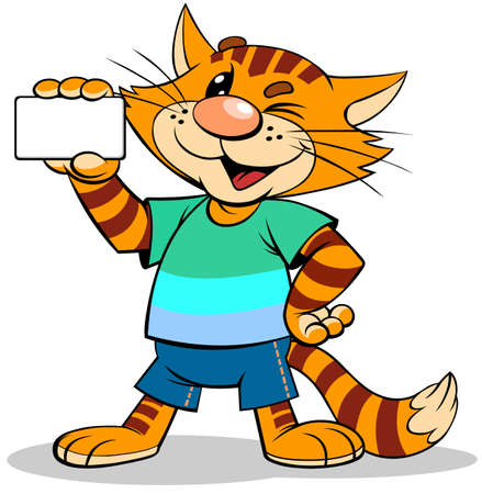 Cartoon cat with card. Color vector illustration of a red smiling cat holding a blank business card in his hand.のイラスト素材