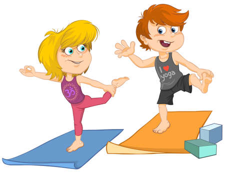 Kids doing yoga. Color vector illustration of a cartoon boy and girl doing yoga together on the mats.のイラスト素材