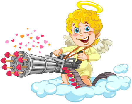 Angel Baby Shooting. Vector illustration of a cartoon baby angel shooting hearts with machine-gun.のイラスト素材