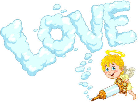 Angel Baby writing LOVE word. Vector illustration of a cartoon Baby angel and big letters LOVEのイラスト素材