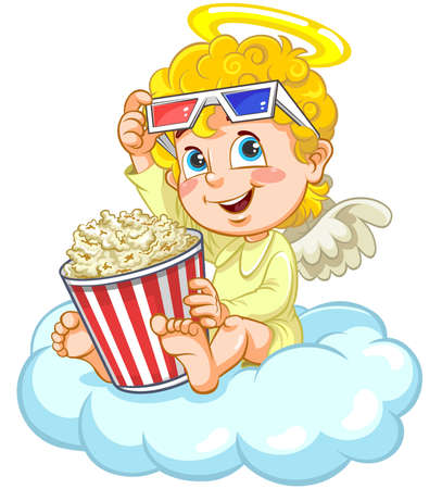 Angel Baby with Popcorn. Color vector illustration of a cartoon Angel Baby watching movie.のイラスト素材