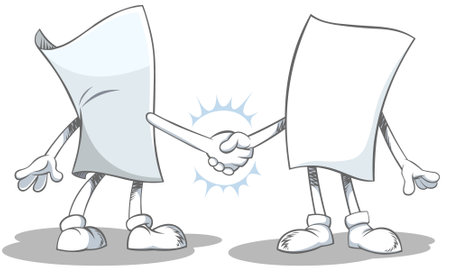 Blank paper characters shaking hands. Vector illustration of blank paper cartoon characters making a deal and shaking hands.のイラスト素材