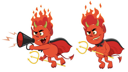 Red devil with trident. Color vector illustration of a cartoon burning head red devil with megaphone and trident.のイラスト素材