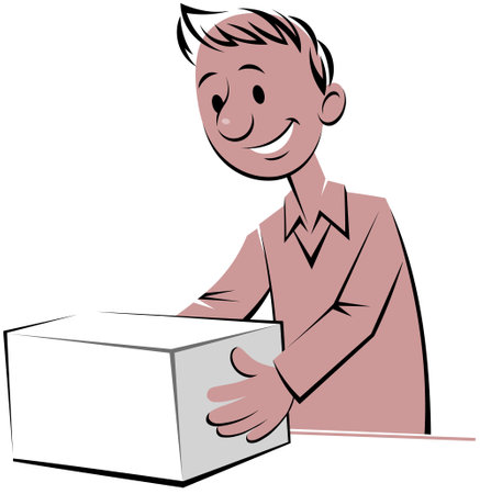 Man holding a box. Color vector illustration of smiling man holding a cardboard. Isolated on white background.のイラスト素材