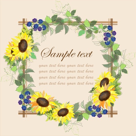 Beautiful decorative framework with a sunflower and blackberry berriesのイラスト素材