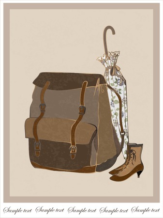 Illustration of vintage boots, umbrella, road bag.のイラスト素材