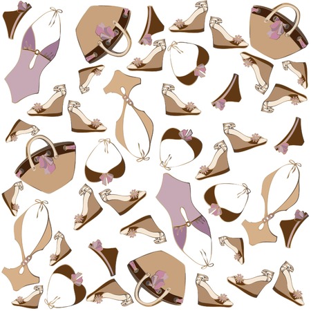 Illustration of vintage bathing suit, bag, summer footwear. Seamless background fashionable modern wallpaper or textile.のイラスト素材
